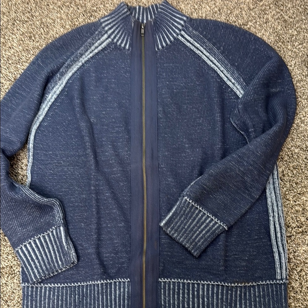 Sporty Blue Zip Up Sweater with Striped Accents